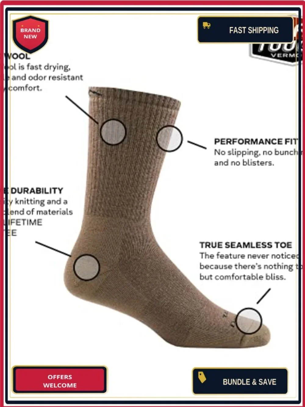 Heavyweight Merino Wool Boot Socks, True Seamless, Mid-Calf, Hiking & Tactical